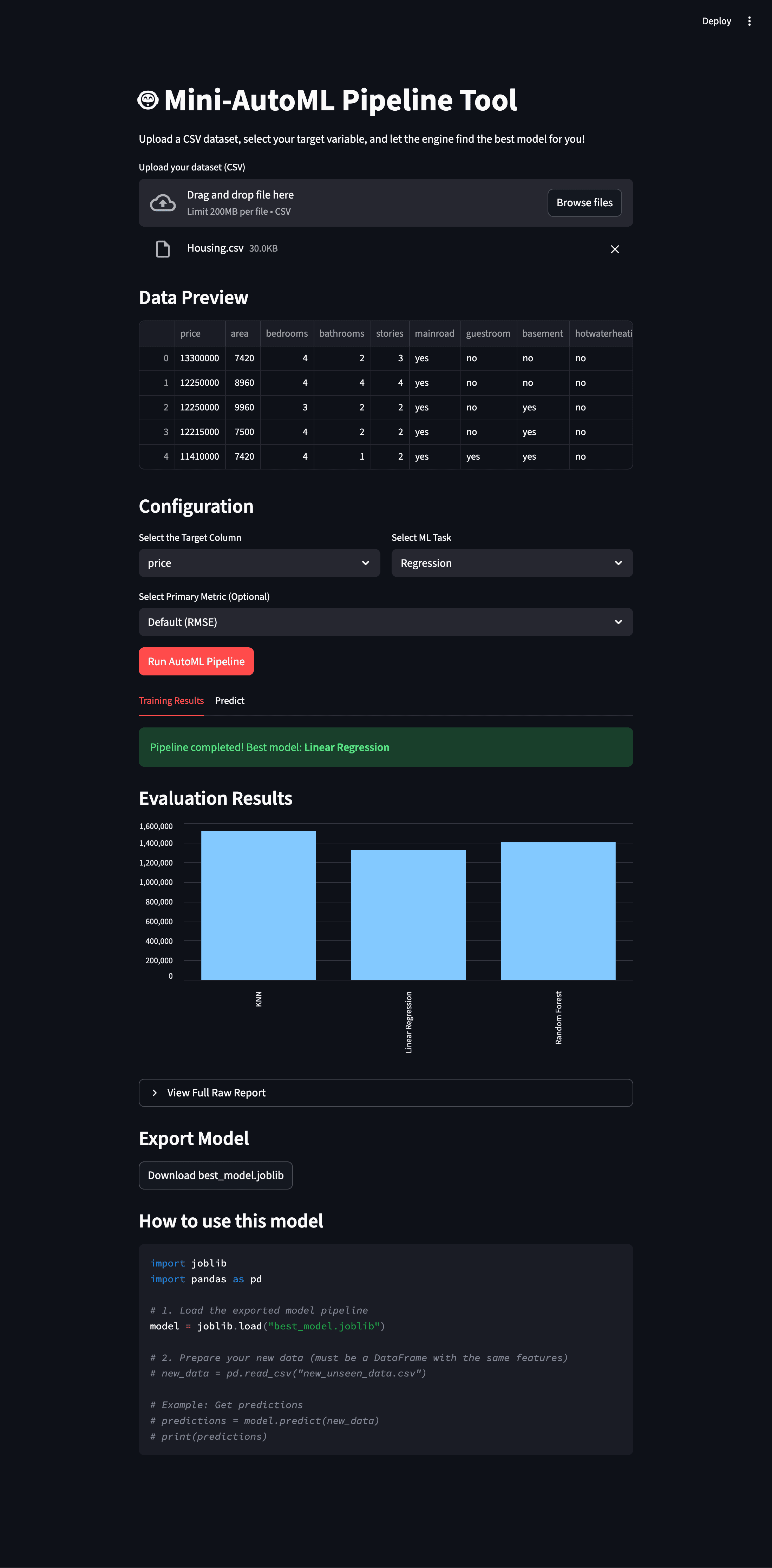 Mini-AutoML Tool Screenshot